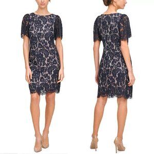 Jessica Howard Size 6 Black Nude Petite Puff Short Sleeve Lace Sheath Dress NEW